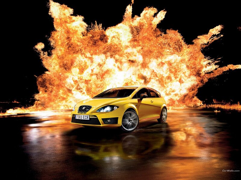 Yellow car with fire explosion