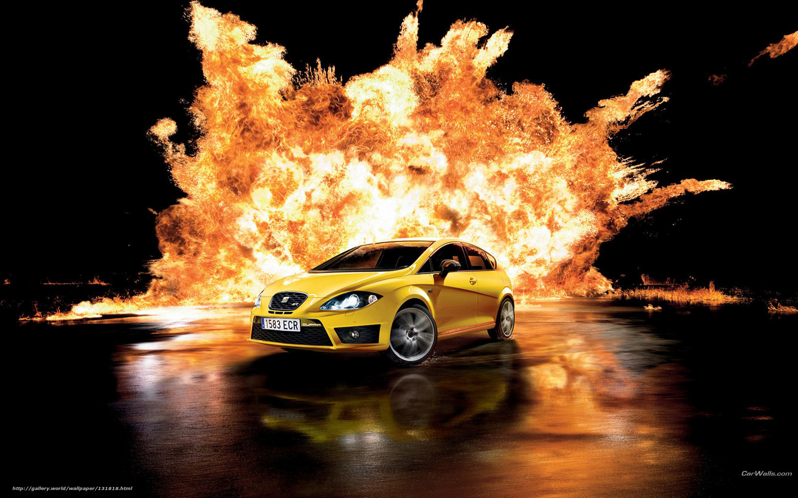 Yellow car with fire explosion