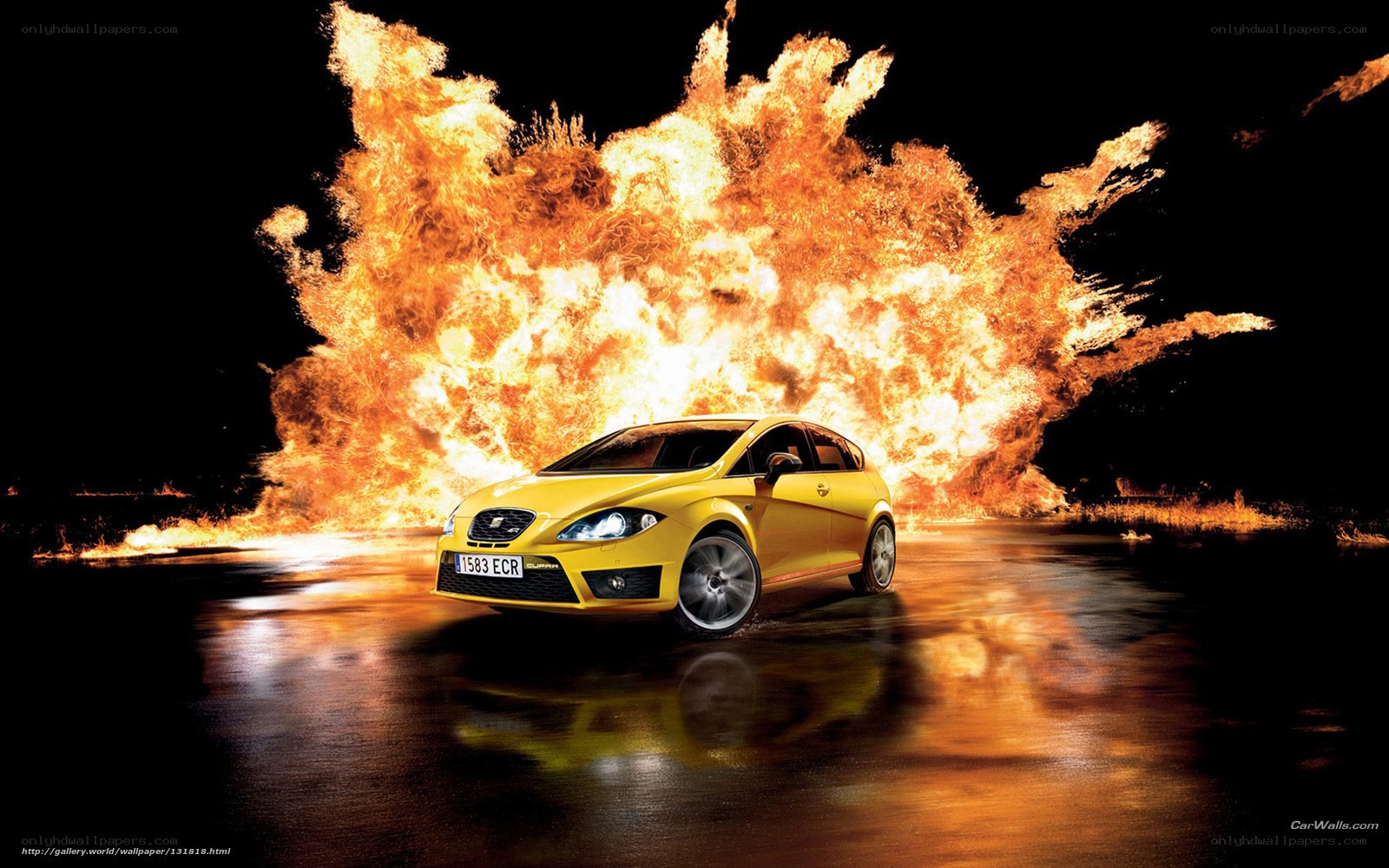 Yellow car with fire explosion