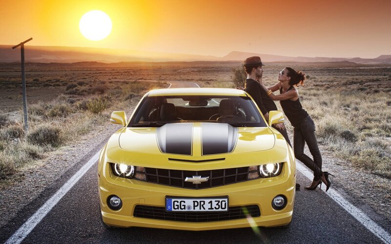 Yellow Chevrolet Camaro — Dramatic, Sunset, Photograph, Couple