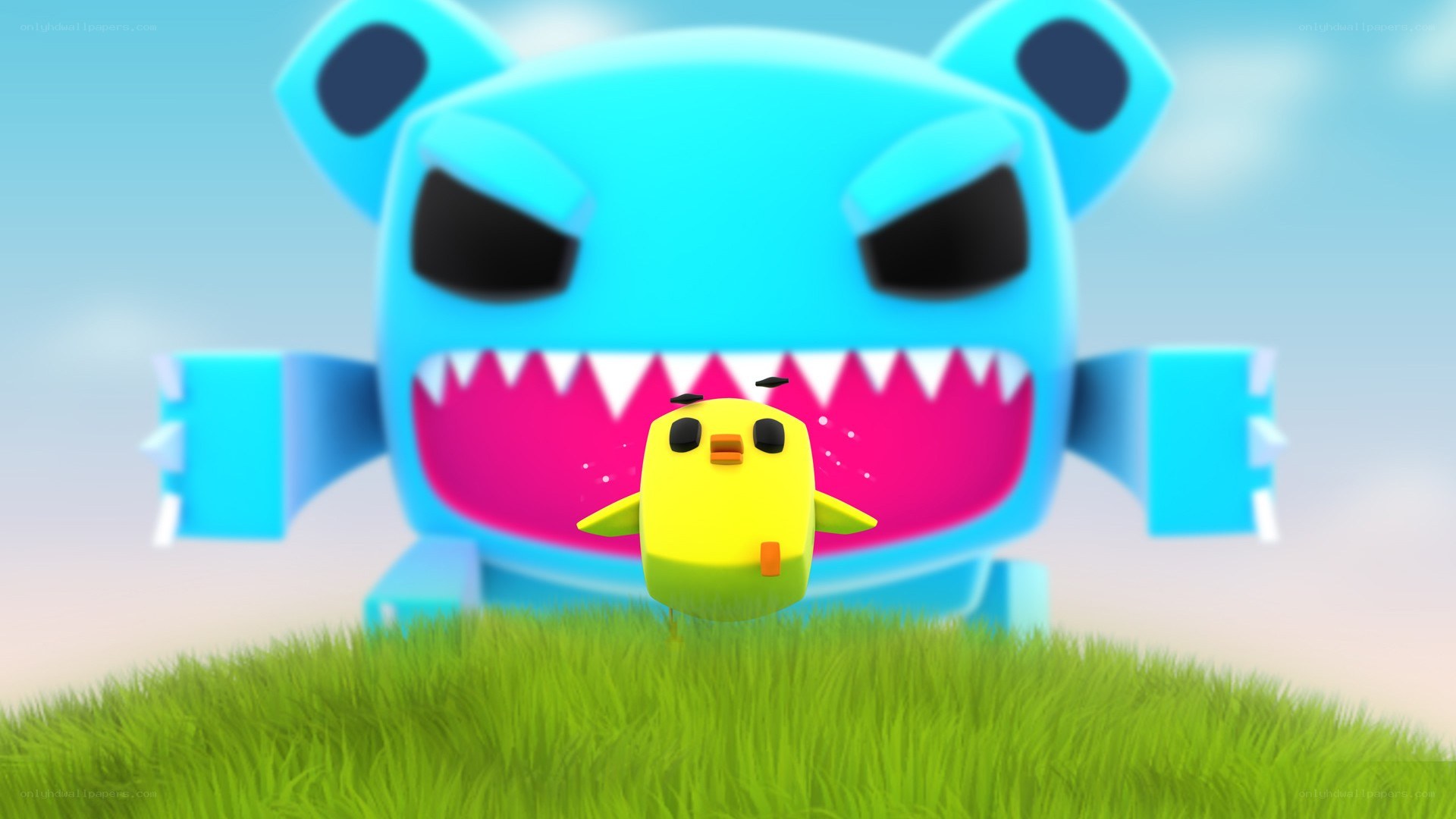 Yellow chick facing a monster