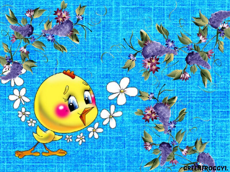 Yellow Chick with Flowers — Blue