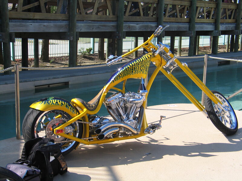 Yellow chopper motorcycle by pool