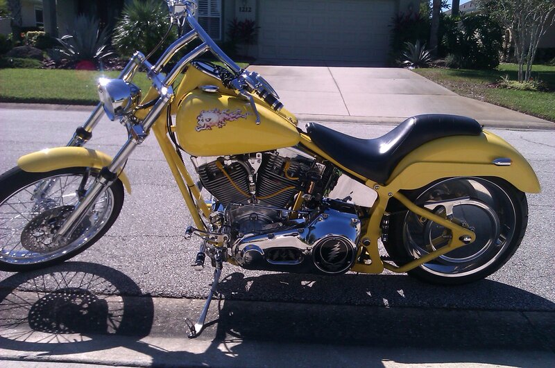 Yellow Chopper Motorcycle — Calm, Afternoon, Photograph