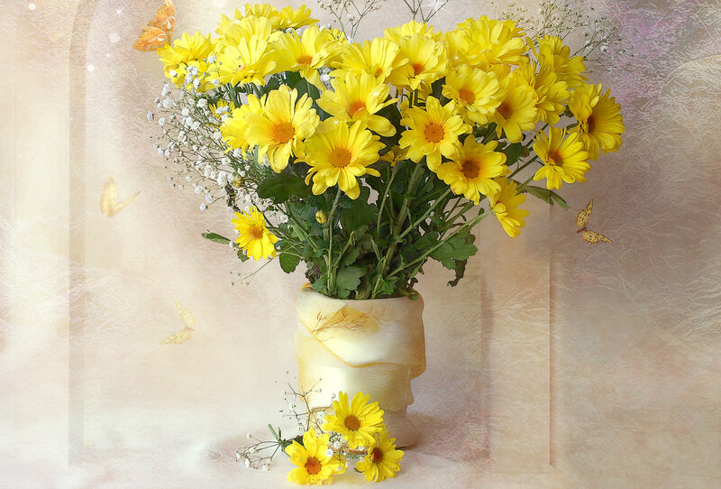 Yellow Chrysanthemum Bouquet — Serene, Digital Art
