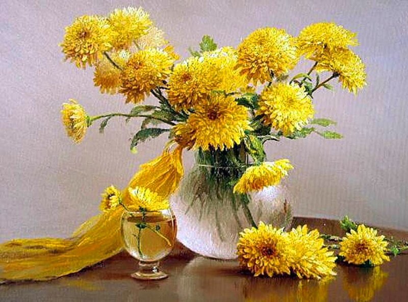 Yellow Chrysanthemums in Vase — Calm, Painting