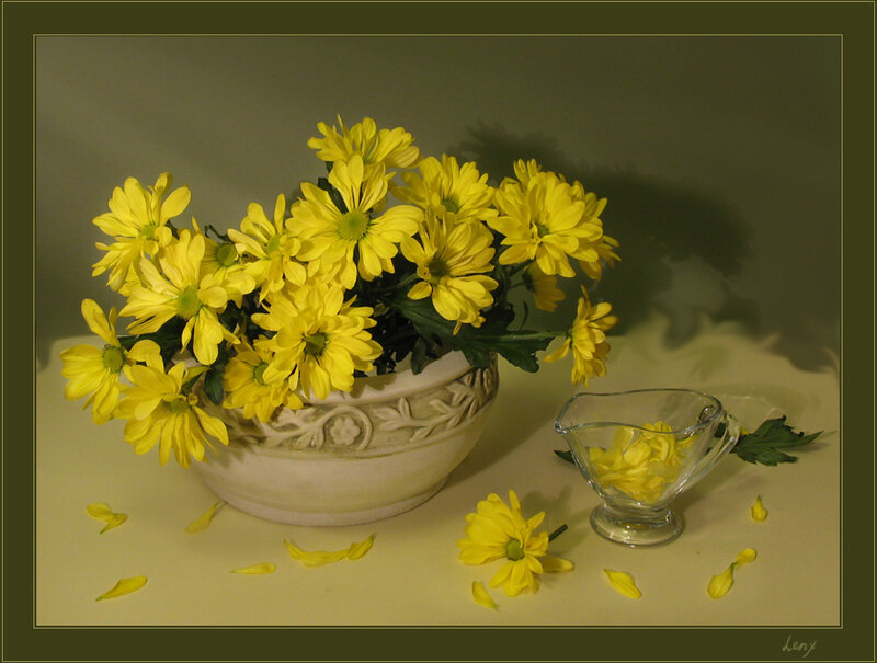 Yellow Chrysanthemums in Vase — Calm, Photograph, Glass Pitcher