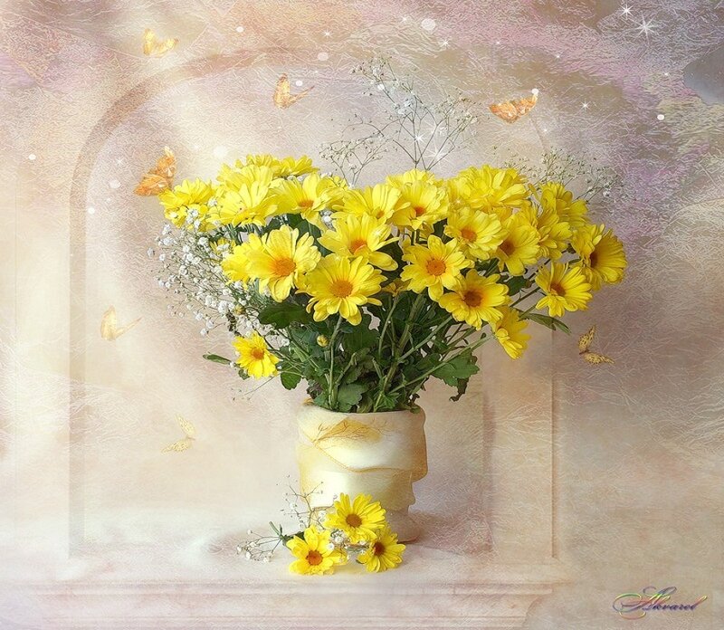 Yellow Chrysanthemums in Vase