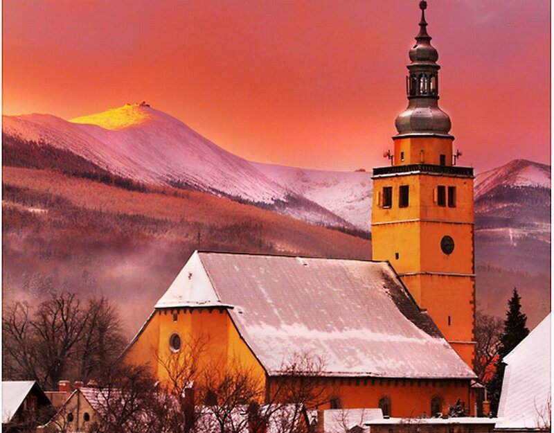 Yellow Church with Mountain
