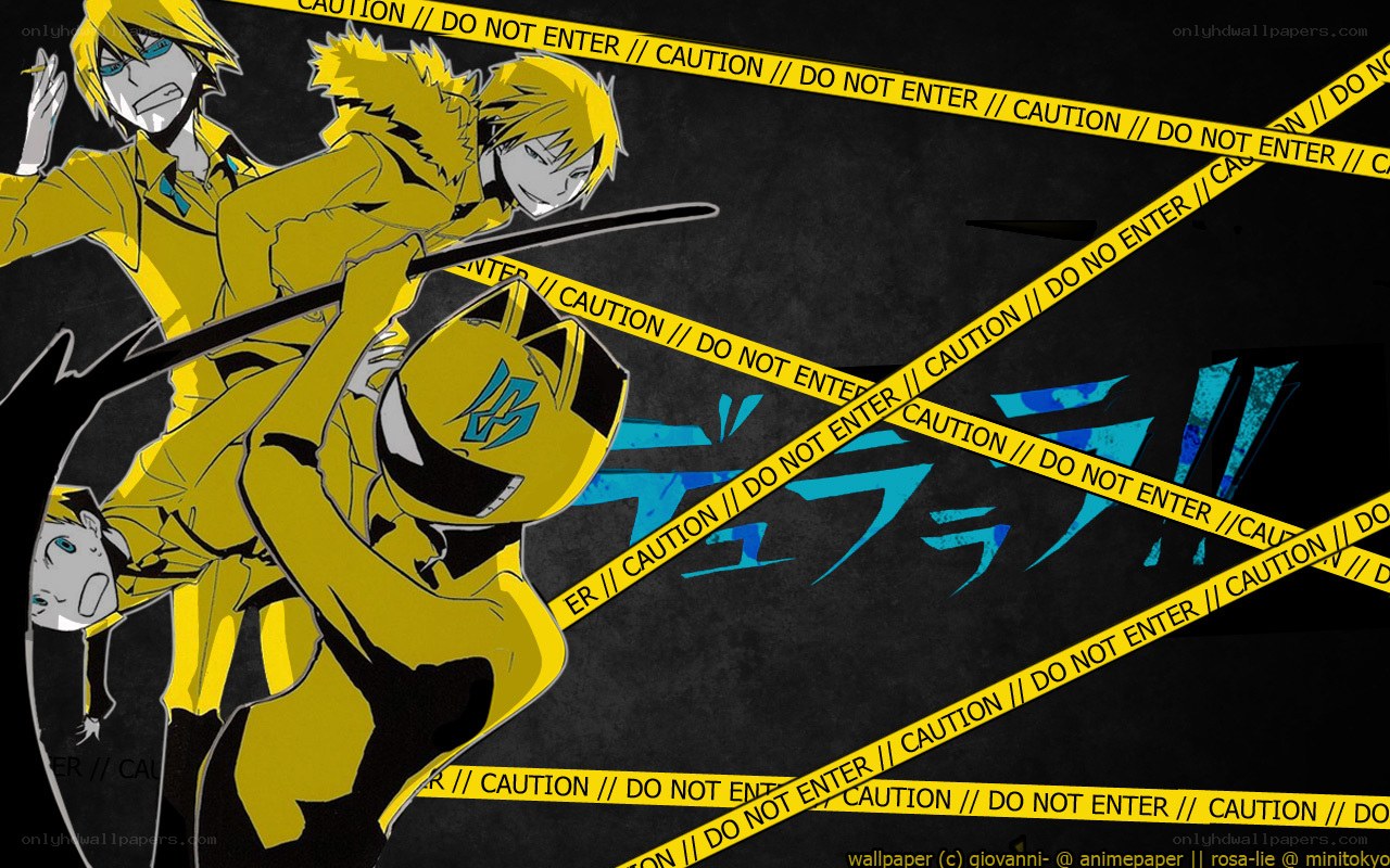 Yellow-clad anime characters with caution tape