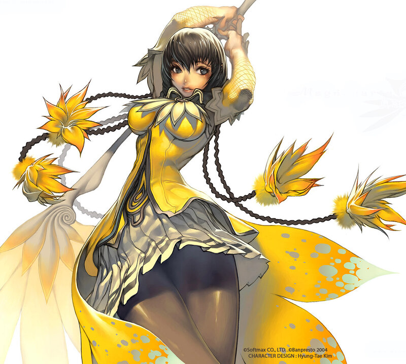 yellow-clad warrior with floral whip