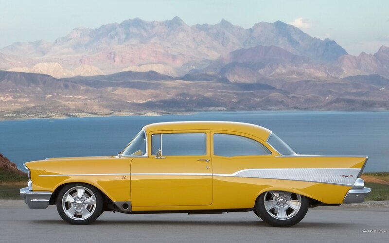Yellow classic car by the lake