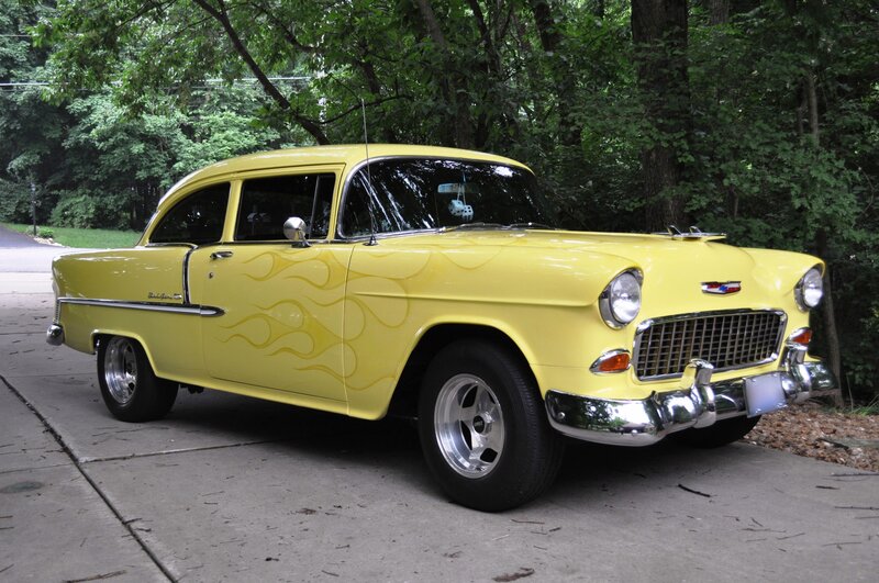 Yellow Classic Car — Calm, Afternoon, Photograph, Trees, Concrete Driveway