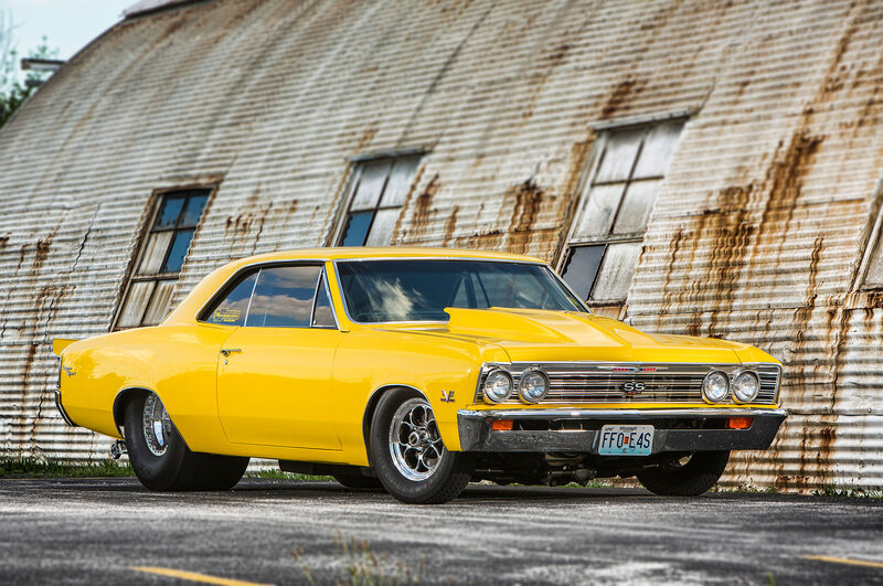 Yellow Classic Car — Dramatic, Afternoon, Photograph, Building, Windows