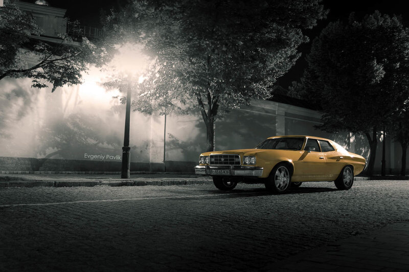 Yellow Classic Car — Dramatic, Night