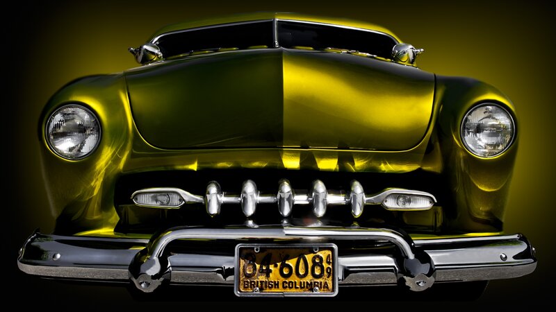 Yellow Classic Car — Dramatic, Photograph, Headlights