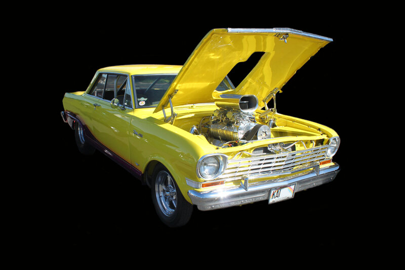 Yellow Classic Car — Dramatic, Photograph, Open Hood