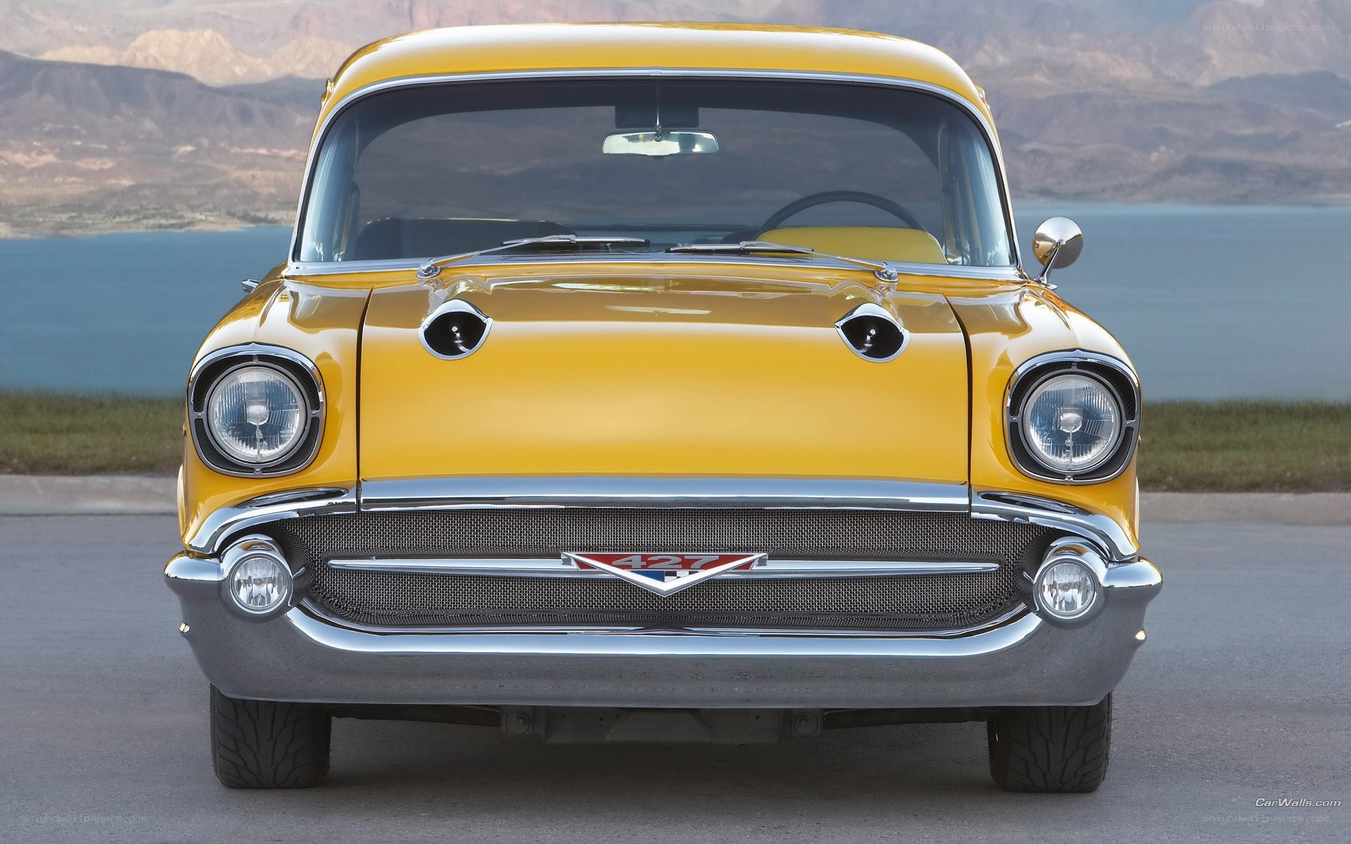 yellow classic car front view