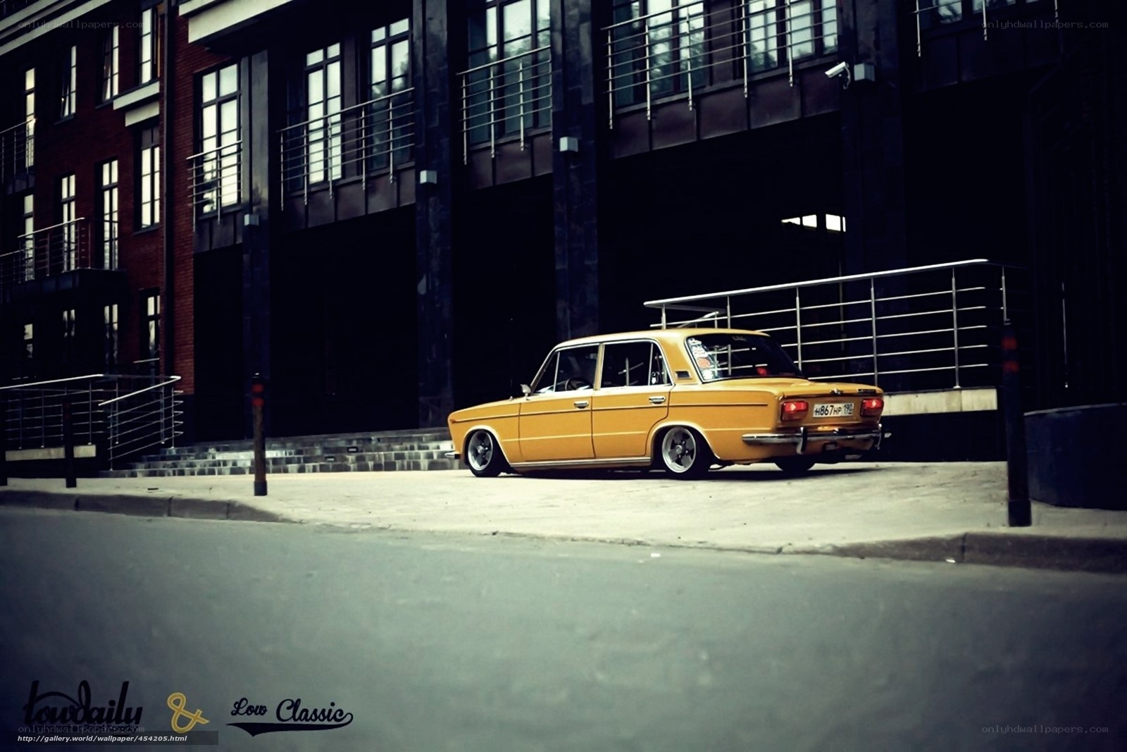 Yellow classic car in urban setting