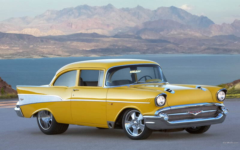 Yellow Classic Car — Serene, Afternoon, Photograph, Mountains, Lake