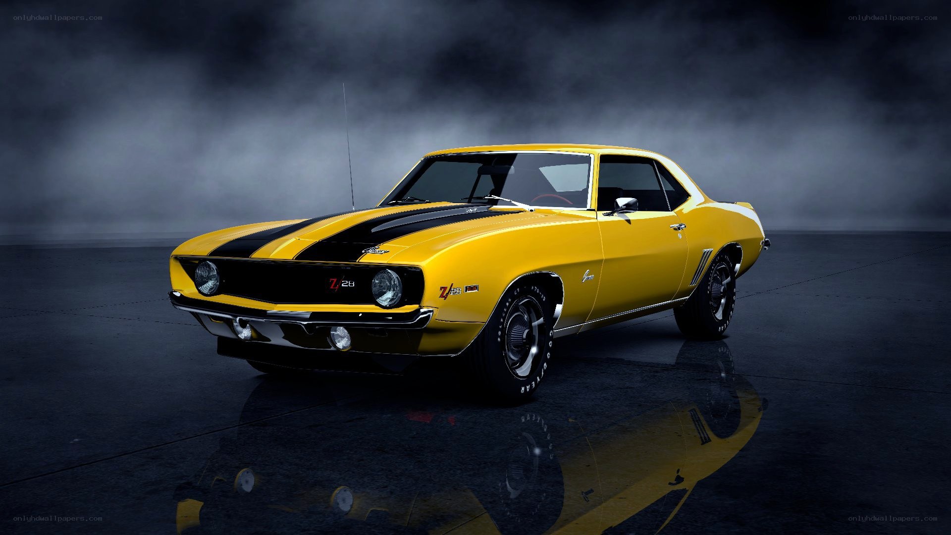 Yellow classic muscle car