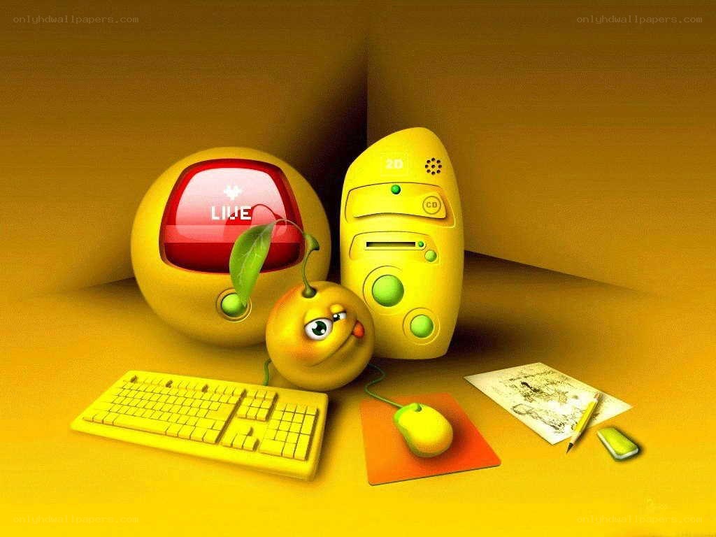 yellow computer with fruit character