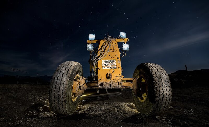Yellow Construction Vehicle — Dramatic, Night