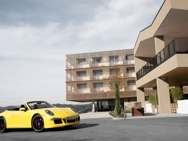 Yellow Convertible Car — Calm, Afternoon, Photograph, Building, Tree, Balcony