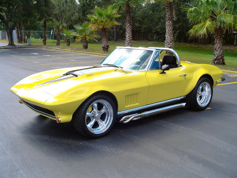 Yellow Convertible Car — Calm, Afternoon, Photograph, Palm Trees