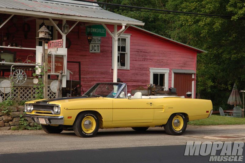 Yellow Convertible Car — Calm, Afternoon, Photograph, Red Building