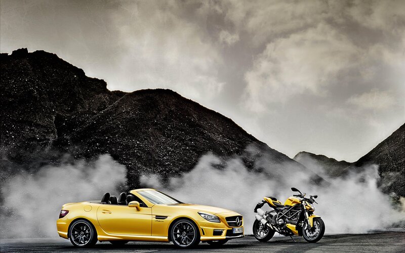 Yellow Convertible Car — Dramatic, Photograph, Motorcycle, Mountain