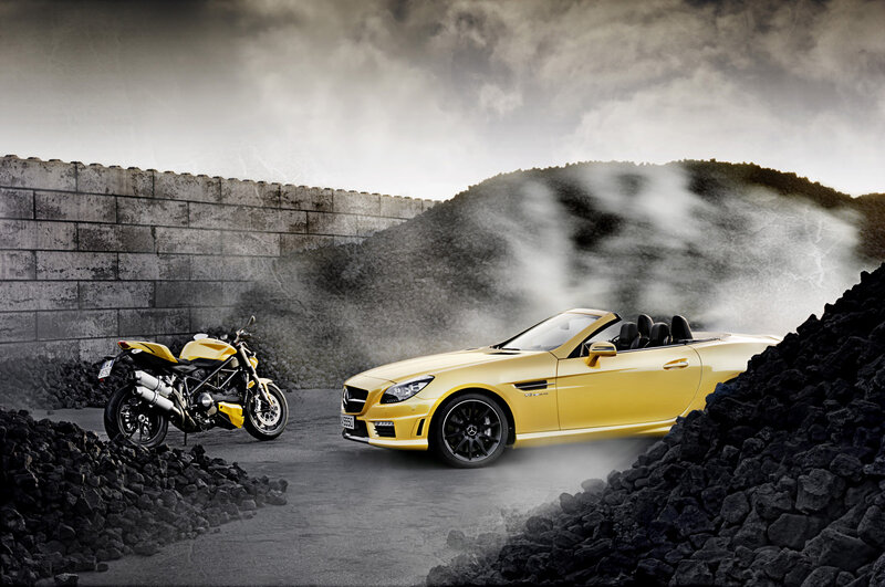 Yellow Convertible Car — Dramatic, Photograph, Motorcycle
