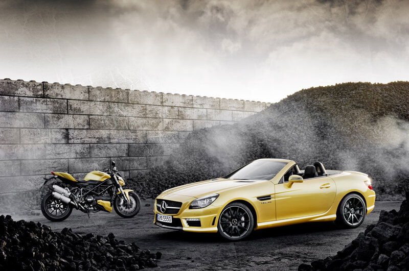 Yellow Convertible Car — Dramatic, Photograph, Motorcycle, Wall