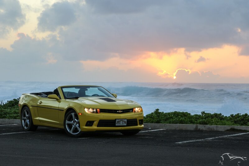 Yellow Convertible Car — Dramatic, Sunset, Photograph, Ocean