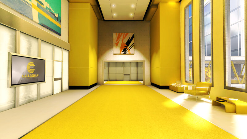 yellow corporate lobby interior