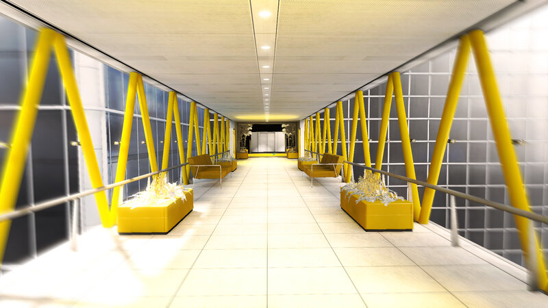 yellow corridor with benches