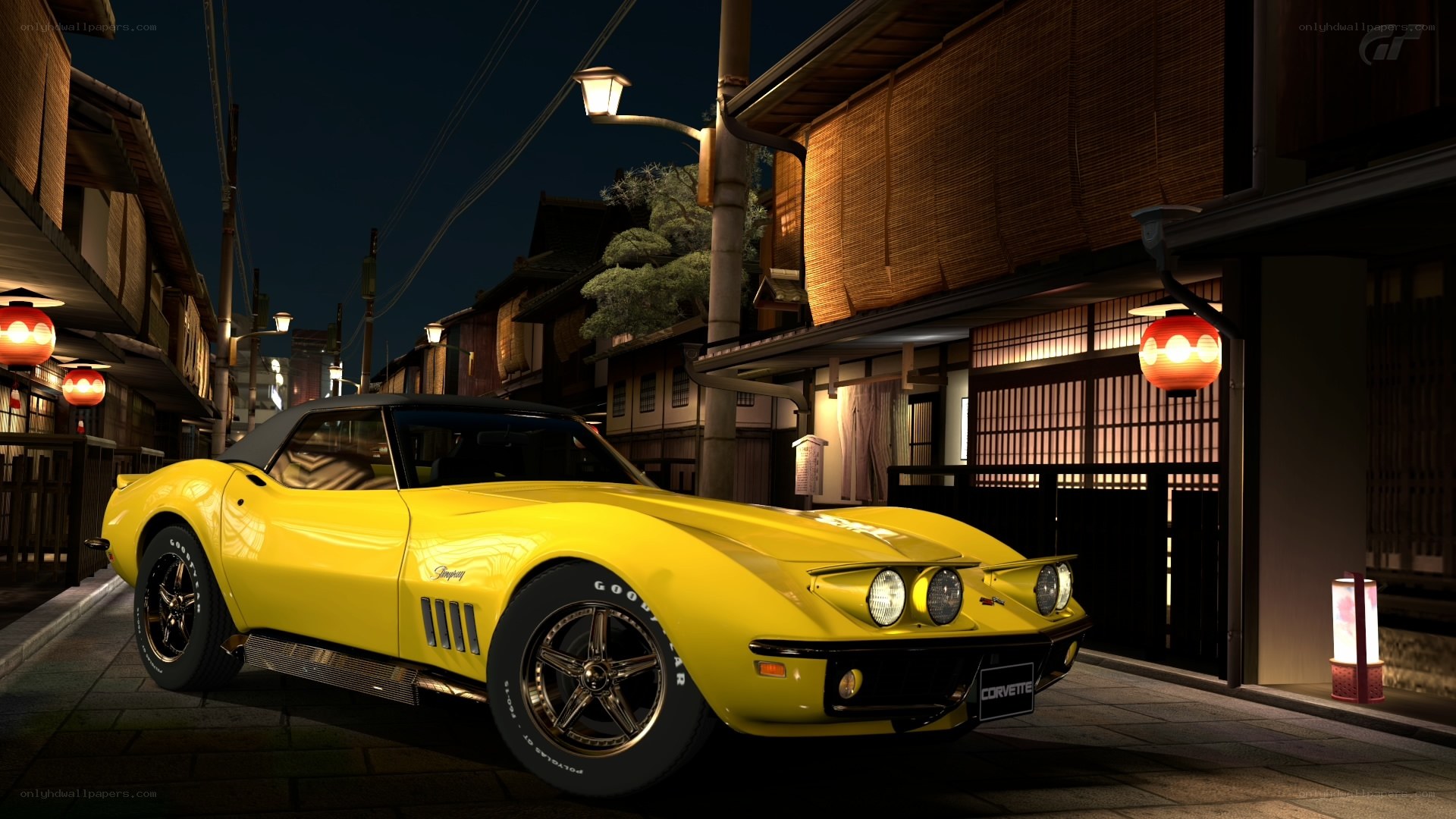 Yellow Corvette at night