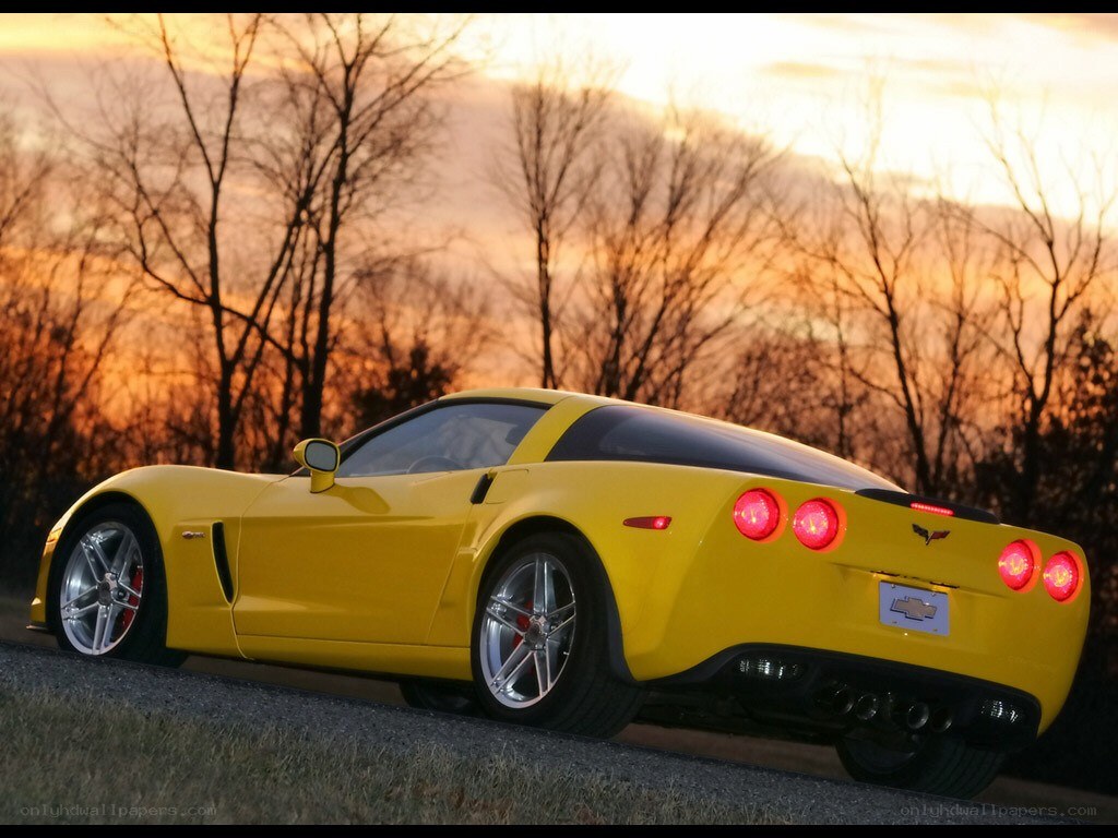 Yellow Corvette at sunset