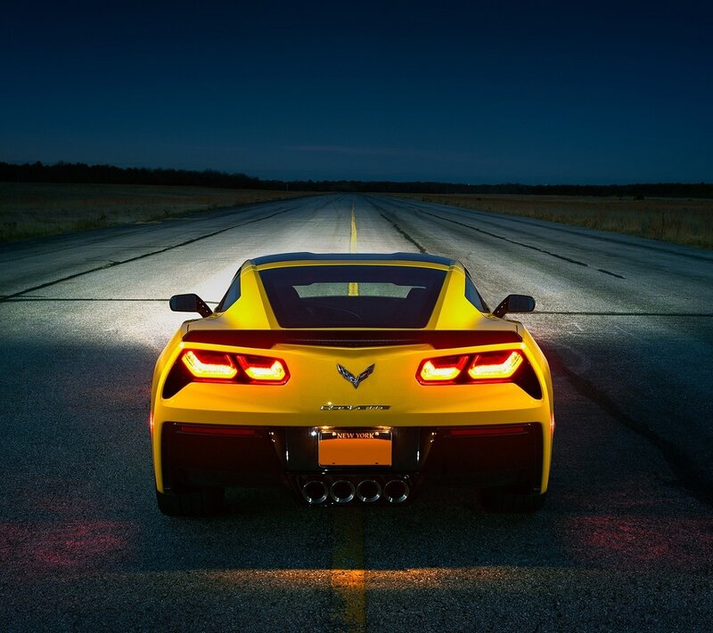 Yellow Corvette Car — Dramatic, Night, Photograph