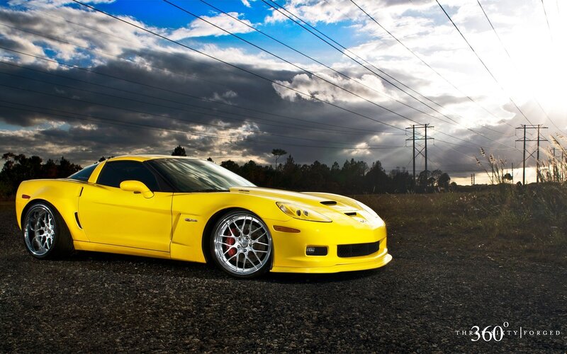 Yellow Corvette Car — Dramatic, Sunset, Photograph, Power Lines