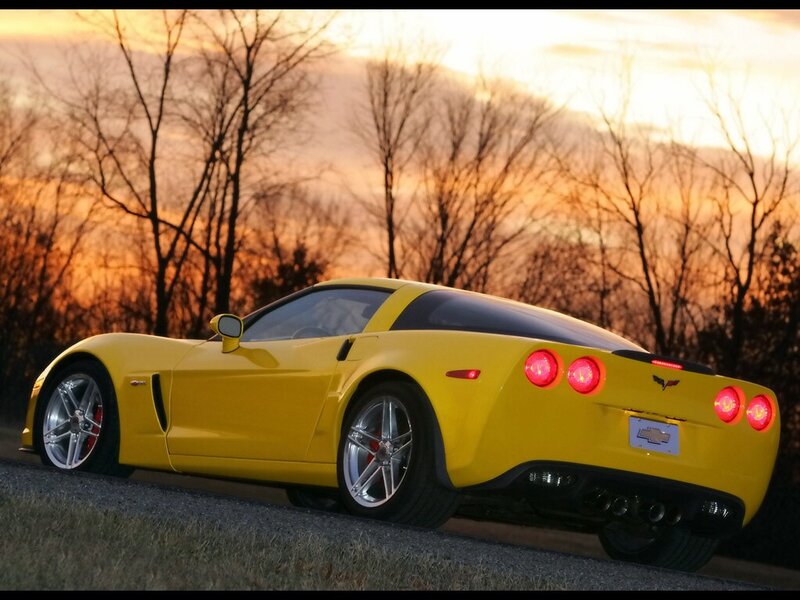 Yellow Corvette Car — Dramatic, Sunset, Photograph, Trees