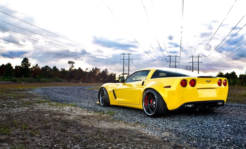 Yellow Corvette Car — Dramatic, Sunset