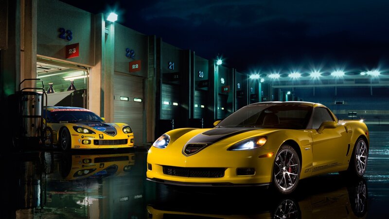 Yellow Corvette Cars — Dramatic, Night