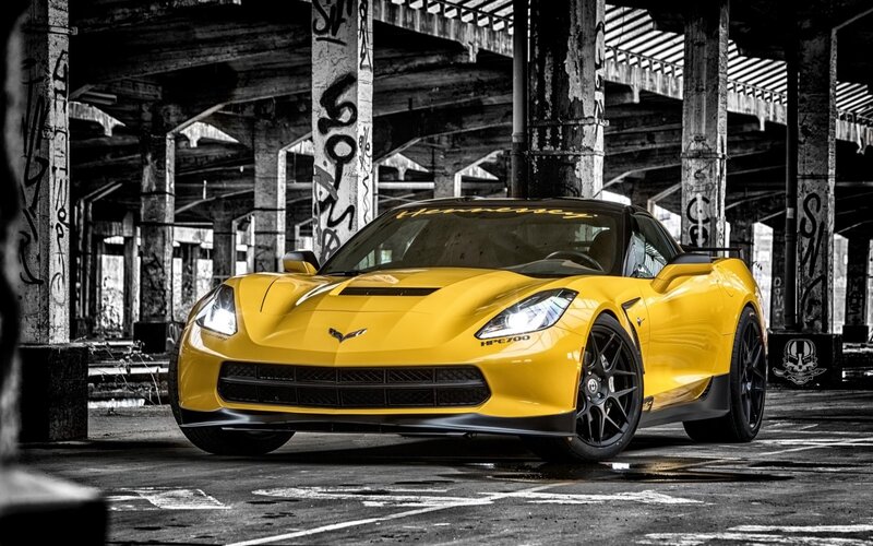 Yellow Corvette in Garage — Dramatic, Photograph