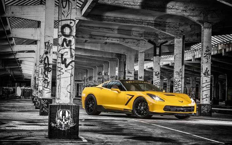 Yellow Corvette in Garage — Dramatic