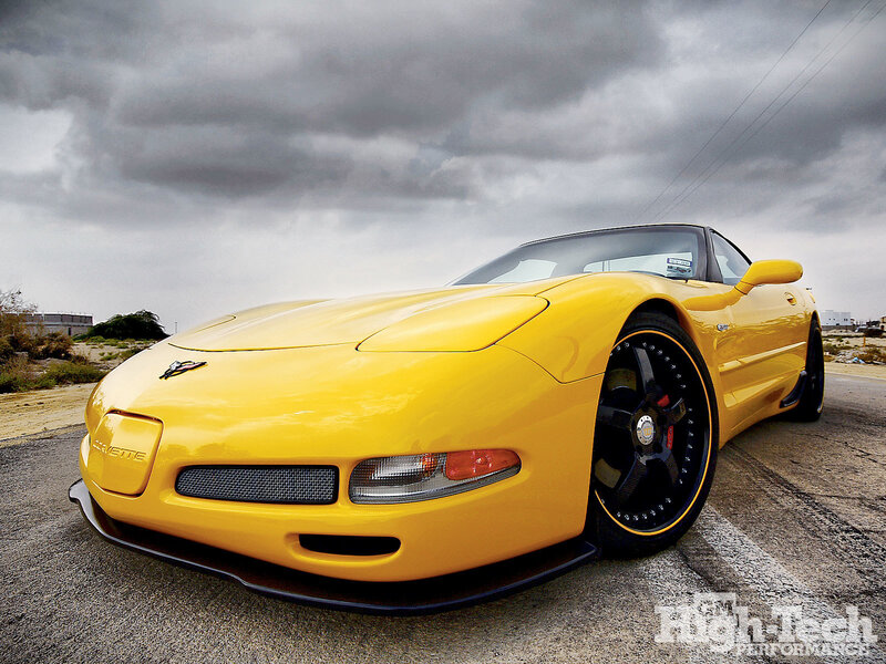 Yellow Corvette on a cloudy day