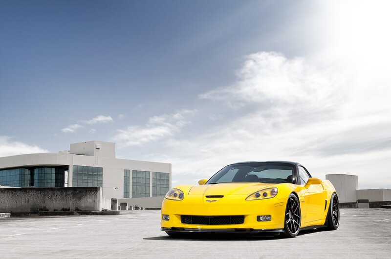Yellow Corvette on a rooftop