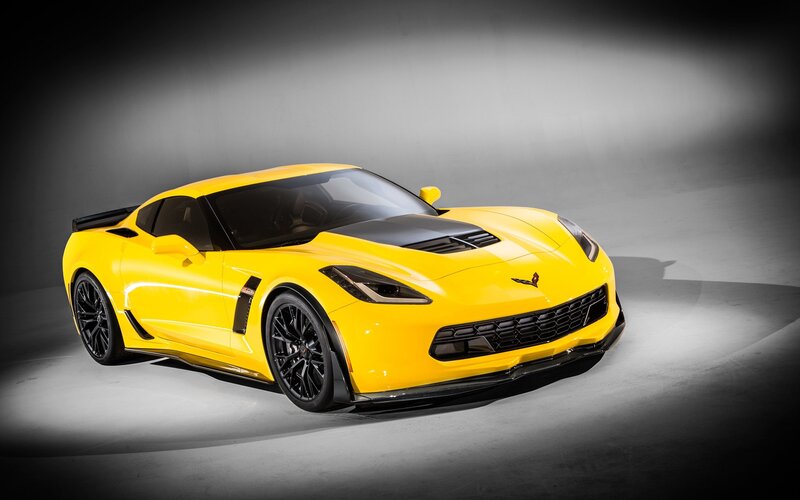 Yellow Corvette Sports Car — Dramatic, Photograph, Black Wheels, Carbon Fiber Hood, Rear Spoiler