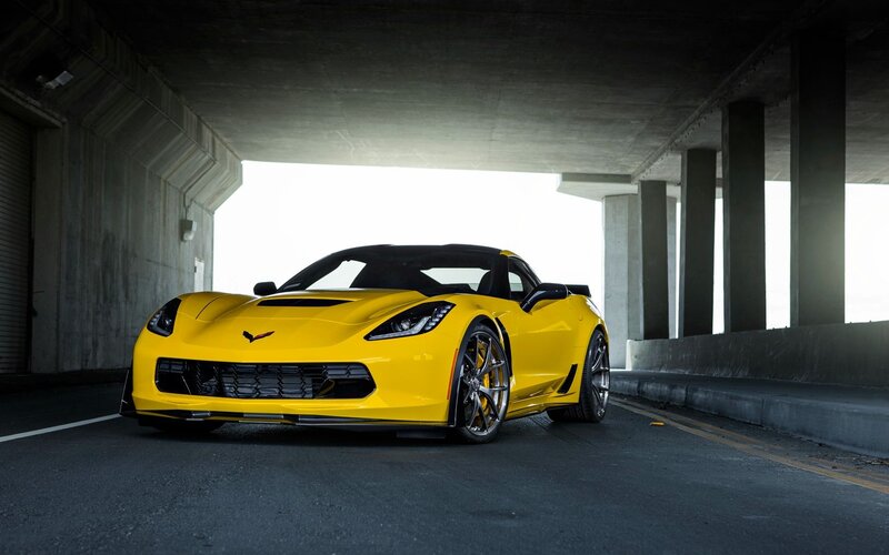 Yellow Corvette Sports Car — Dramatic, Photograph, Concrete Tunnel