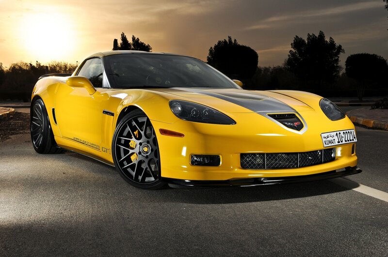 Yellow Corvette Sports Car — Dramatic, Sunset, Photograph